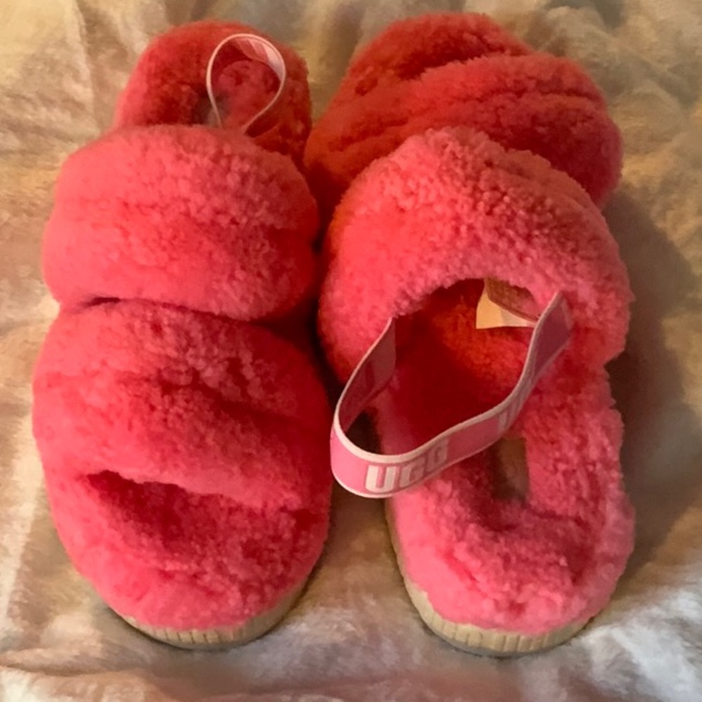 UGG Pink Plush Slippers with Cozy Faux Fur